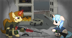 Size: 10000x5400 | Tagged: safe, artist:mrlolcats17, imported from derpibooru, oc, oc only, oc:katya ironstead, oc:opuscule antiquity, alicorn, pony, unicorn, fallout equestria, absurd resolution, gun, pkm, pkt, revolver, steyr aug