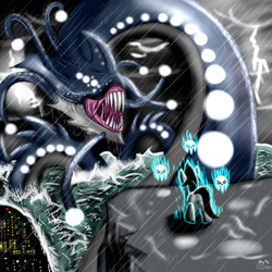 Size: 1280x1280 | Tagged: safe, artist:paulpeopless, imported from derpibooru, oc, oc only, oc:paulpeoples, kraken, pony, big, epic, fight, macro, magic, monster, necromancer, necromancy, rain, sea monster, skull
