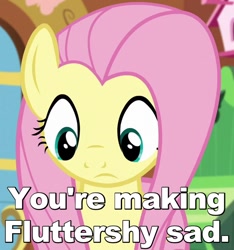 Size: 600x640 | Tagged: safe, edit, edited screencap, imported from derpibooru, screencap, fluttershy, tanks for the memories, caption, female, image macro, looking down, reaction image, sad, solo