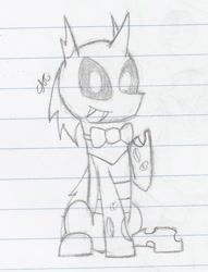 Size: 713x933 | Tagged: safe, artist:derpanater, imported from derpibooru, changeling, bowtie, cute, lined paper, monochrome, solo, traditional art