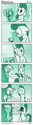 Size: 652x2450 | Tagged: safe, artist:dori-to, imported from derpibooru, bon bon, lyra heartstrings, sweetie drops, earth pony, pony, unicorn, comic:silly lyra, comic, duckface, duo, female, greenscale, mare, monochrome, phone, selfie, selfie stick, silly, silly lyra, silly lyra español, silly pony, spanish, sweat, translation, translator:the-luna-fan