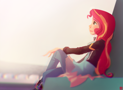 Size: 1096x800 | Tagged: safe, artist:ajvl, imported from derpibooru, sunset shimmer, human, equestria girls, my past is not today, rainbow rocks, female, humanized, profile, sitting, solo