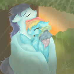 Size: 5500x5500 | Tagged: safe, artist:shirofoz, imported from derpibooru, rainbow dash, soarin', absurd resolution, crepuscular rays, cuddling, eyes closed, female, floppy ears, hug, male, shipping, smiling, snuggling, soarindash, straight, tree, winghug