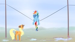 Size: 1920x1080 | Tagged: safe, artist:underpable, imported from derpibooru, applejack, rainbow dash, earth pony, pegasus, pony, derpin daily, behaving like a bird, female, hat, lineless, mare, smiling, telephone pole, wallpaper