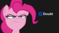 Size: 670x380 | Tagged: safe, imported from derpibooru, pinkie pie, earth pony, pony, doubt, faic, female, frown, glare, image macro, l.a. noire, mare, meme, press x to doubt, reaction image, reference, solo, suspicious, when she doesn't smile