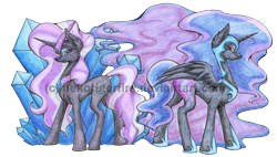 Size: 3190x1813 | Tagged: safe, artist:nekotigerfire, imported from derpibooru, nightmare moon, nightmare rarity, alicorn, pony, unicorn, duality, female, mare, self ponidox, simple background, traditional art, transparent background, watermark