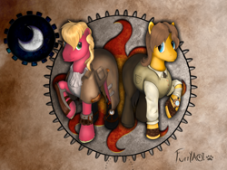 Size: 1930x1452 | Tagged: safe, imported from derpibooru, big macintosh, caramel, earth pony, pony, clothes, male, smiling, stallion, steampunk