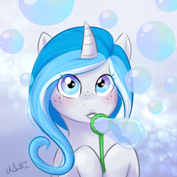 Size: 2996x3000 | Tagged: safe, artist:askbubblelee, imported from derpibooru, oc, oc only, oc:bubble lee, oc:imago, pony, unicorn, blowing bubbles, blushing, bubble, bubble wand, cute, dexterous hooves, female, freckles, heart, heart eyes, hoof hold, looking at you, ocbetes, portrait, solo, wingding eyes