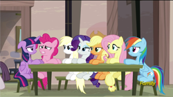 Size: 1920x1080 | Tagged: source needed, useless source url, safe, edit, imported from derpibooru, screencap, applejack, fluttershy, pinkie pie, rainbow dash, rarity, twilight sparkle, oc, oc:aryanne, alicorn, pony, the cutie map, bench, chair, concerned, discussion, fake, faker than a three dollar bill, female, mare, our town, sitting, table, talking, twilight sparkle (alicorn), vector
