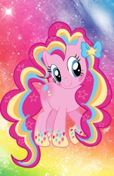 Size: 1024x1583 | Tagged: safe, artist:jamart2013, imported from derpibooru, pinkie pie, blushing, bow, cute, female, galaxy, hair bow, rainbow power, solo, stars