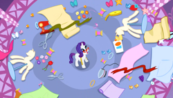 Size: 1366x768 | Tagged: safe, imported from derpibooru, screencap, rarity, suited for success, fabric, female, glue, magic, mannequin, measuring tape, scissors, solo, thread