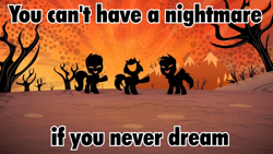 Size: 800x450 | Tagged: safe, imported from derpibooru, lesson zero, the cutie map, image macro, in our town, meme, nightmare fuel, silhouette, trio, you can't have a nightmare if you never dream