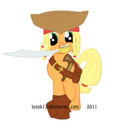 Size: 894x894 | Tagged: safe, artist:losek13, imported from derpibooru, applejack, cutlass, female, flintlock, jack sparrow, mouth hold, pirate, pirates of the caribbean, pun, solo, sword