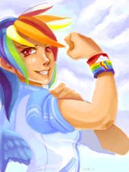 Size: 480x640 | Tagged: safe, artist:phoenixflorid, imported from derpibooru, rainbow dash, human, female, humanized, rosie the riveter, solo, winged humanization