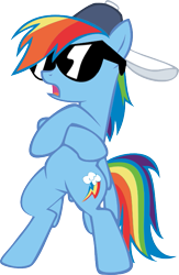 Size: 469x721 | Tagged: safe, artist:grinning-alex, imported from derpibooru, rainbow dash, pegasus, pony, backwards ballcap, backwards cutie mark, baseball cap, bipedal, crossed hooves, female, hat, mare, open mouth, simple background, solo, sunglasses, transparent background, vector