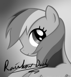 Size: 894x979 | Tagged: dead source, safe, artist:xhazard78x, imported from derpibooru, rainbow dash, the mysterious mare do well, autograph, black and white, bust, female, grayscale, monochrome, photo, portrait, poster, solo, vector