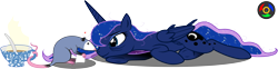 Size: 4558x1135 | Tagged: safe, artist:kyoshyu, imported from derpibooru, princess luna, tiberius, alicorn, opossum, pony, bags under eyes, comic, cup, high res, licking, lying down, messy mane, prone, simple background, teacup, tired, transparent background, underhoof, vector