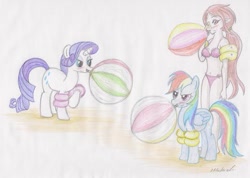 Size: 673x479 | Tagged: safe, artist:thunderingpikachu, imported from derpibooru, rainbow dash, rarity, human, beach ball, blowing, commission, crossover, cute, dashabetes, floaty, inflatable, inflation, medli, older, pouting, puffy cheeks, rainblow dash, raribetes, the legend of zelda, traditional art, water wings