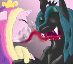 Size: 901x792 | Tagged: safe, artist:firefanatic, imported from derpibooru, princess cadance, queen chrysalis, drool, eyes closed, face licking, licking, nose wrinkle, open mouth, scrunchy face, smiling, tongue out