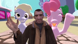 Size: 1192x670 | Tagged: safe, artist:zooweemama92, imported from derpibooru, derpy hooves, pinkie pie, human, 3d, castle, clothes, grand theft auto, gta iv, hand, happy, jacket, niko bellic, ponyville, smiling, tree