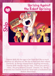 Size: 788x1088 | Tagged: safe, artist:pixel-prism, imported from derpibooru, apple bloom, scootaloo, sweetie belle, earth pony, pony, robot, robot pony, unicorn, twilight sparkle's secret shipfic folder, cutie mark crusaders, eyes closed, female, filly, floppy ears, foal, hooves, horn, open mouth, raribot, ship card, spread wings, sweetie bot, text, trio, wings