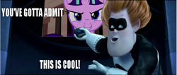 Size: 857x362 | Tagged: safe, imported from derpibooru, screencap, starlight glimmer, human, pony, unicorn, the cutie map, buddy pine, female, male, mare, s5 starlight, syndrome, television, the incredibles