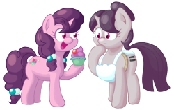 Size: 1049x666 | Tagged: safe, artist:mrponiator, imported from derpibooru, sugar belle, the cutie map, apron, clothes, cupcake, duality, equal cutie mark, equalized, open mouth, raised hoof, self ponidox, simple background, transparent background