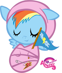 Size: 2545x3000 | Tagged: safe, artist:atnezau, imported from derpibooru, rainbow dash, pegasus, pony, baby, baby blanket, baby dash, baby pony, blanket, cute, daaaaaaaaaaaw, dashabetes, dawwww, element of loyalty, female, flag, foal, happy baby, newborn, newborn baby, safety pin, simple background, sleeping, sleeping baby, solo, swaddled, swaddled baby, transparent background, vector, wonderbolts flag, wrapped snugly