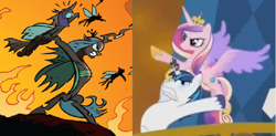 Size: 744x366 | Tagged: safe, idw, imported from derpibooru, screencap, princess cadance, queen chrysalis, shining armor, alicorn, changeling, changeling queen, pony, unicorn, the crystal empire, spoiler:comic, spoiler:comicfiendshipismagic5, armpits, comparison, competition, epic changeling tossing, epic wife tossing, fastball special, female, horn crystals, male, mare, minion abuse, opposites, stallion, toss