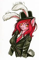 Size: 718x1112 | Tagged: safe, artist:divinekitten, imported from derpibooru, oc, oc only, oc:sweetcake, anthro, anthro oc, bunny ears, clothes, commission, hat, pencil drawing, playboy bunny, playpony, solo, top hat, traditional art