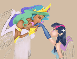 Size: 1280x980 | Tagged: safe, artist:bri-sta, imported from derpibooru, princess celestia, twilight sparkle, human, blushing, clothes, evening gloves, eyes closed, female, fingerless gloves, gloves, hand kiss, humanized, kiss on the hand, kissing, lesbian, open mouth, shipping, smiling, twilestia, twilight sparkle (alicorn), wide eyes, winged humanization