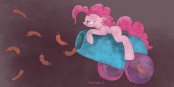 Size: 9971x5000 | Tagged: safe, artist:houghtaling6, imported from derpibooru, pinkie pie, absurd resolution, bedroom eyes, female, floppy ears, licking lips, party cannon, prone, sausage, smirk, solo, tongue out, wat