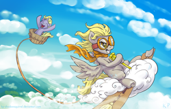 Size: 1250x800 | Tagged: safe, artist:kp-shadowsquirrel, imported from derpibooru, derpy hooves, dinky hooves, pegasus, pony, bucket, cheering, clothes, cloud, cloudy, cute, epic derpy, equestria's best mother, eyes closed, female, flying, goggles, grin, happy, mare, open mouth, scarf, smirk, spread wings, twilight scepter, underhoof