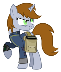 Size: 825x968 | Tagged: safe, artist:aborrozakale, imported from derpibooru, oc, oc only, oc:littlepip, pony, unicorn, fallout equestria, inspiration manifestation, black book, clothes, corrupted, fanfic, fanfic art, female, jumpsuit, mare, pipbuck, possessed, saddle bag, simple background, solo, transparent background, vault suit