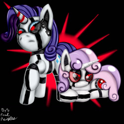 Size: 1280x1280 | Tagged: safe, artist:paulpeopless, imported from derpibooru, rarity, sweetie belle, pony, robot, robot pony, unicorn, cutie mark, female, filly, foal, hooves, horn, mare, prone, raised hoof, raribot, red eyes, solo, sweetie bot