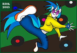 Size: 1000x685 | Tagged: safe, artist:rdk, imported from derpibooru, dj pon-3, vinyl scratch, anthro, breakdancing, dancing, digital art, female, solo