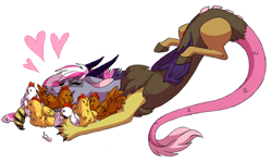 Size: 1280x762 | Tagged: safe, artist:lopoddity, deleted from derpibooru, imported from derpibooru, oc, oc only, oc:pandora, chicken, draconequus, pandoraverse, draconequus oc, happy, heart, interspecies offspring, next generation, offspring, parent:discord, parent:twilight sparkle, parents:discolight, simple background, white background