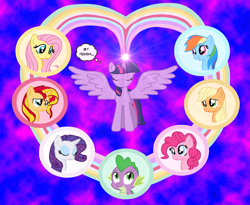 Size: 1933x1585 | Tagged: safe, artist:majkashinoda626, imported from derpibooru, applejack, fluttershy, pinkie pie, rainbow dash, rarity, spike, sunset shimmer, twilight sparkle, alicorn, pony, alternate mane seven, female, mane seven, mane six, mare, twilight sparkle (alicorn)