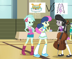 Size: 870x714 | Tagged: safe, imported from derpibooru, screencap, blueberry cake, bon bon, lyra heartstrings, octavia melody, sweetie drops, equestria girls, rainbow rocks, argument, background human, canterlot high, cello, gymnasium, musical instrument