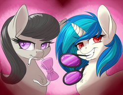 Size: 1000x777 | Tagged: safe, artist:pusspuss, imported from derpibooru, dj pon-3, octavia melody, vinyl scratch, earth pony, pony, unicorn, bowtie, chest fluff, female, looking at you, mare, red eyes, smiling, wrong eye color