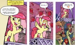Size: 940x565 | Tagged: safe, edit, idw, imported from derpibooru, apple bloom, apple fritter, applejack, babs seed, big macintosh, granny smith, earth pony, pony, spoiler:comicholiday2014, apple, apple bloom's bad joke, censored, exploitable meme, image macro, male, meme, microphone, patreon, psyga's alternate pony scenes, stage, stallion, stand-up comedy, stool, water bottle