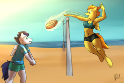 Size: 3000x2000 | Tagged: safe, artist:bluecoffeedog, imported from derpibooru, soarin', spitfire, anthro, unguligrade anthro, armpits, beach, beach ball, belly button, midriff, outdoors, sky, sweat, water