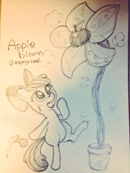 Size: 768x1024 | Tagged: safe, artist:remyroez, imported from derpibooru, apple bloom, female, flower, grayscale, monochrome, solo, traditional art