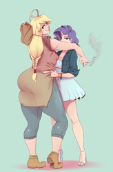 Size: 1499x2285 | Tagged: safe, artist:sundown, imported from derpibooru, applejack, rarity, human, applebucking thighs, applebutt, ass, bracelet, butt, cigarette, cleavage, female, freckles, high heels, horned humanization, hug, humanized, jacqueline applebuck, juliette d'rarie, lesbian, looking at you, looking back, rarijack, sandals, shipping, simple background, smiling, smoking