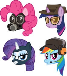 Size: 444x504 | Tagged: safe, artist:hfbn2, imported from derpibooru, pinkie pie, rainbow dash, rarity, twilight sparkle, gas mask, parody, pyro, scout, simple background, sniper, spy, team fortress 2, white background