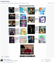 Size: 739x852 | Tagged: safe, imported from derpibooru, applejack, discord, fluttershy, pinkie pie, princess celestia, rainbow dash, rarity, spike, twilight sparkle, avengers, black widow (marvel), bruce banner, captain america, comparison, facebook, hawkeye, image macro, iron man, jean-luc picard, loki, mane seven, mane six, meme, nick fury, one of us, phil coulson, robert downey jr, the incredible hulk, thor, tony stark