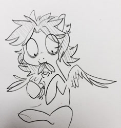 Size: 400x424 | Tagged: safe, artist:glacierclear, imported from derpibooru, insect, pegasus, pony, eating, feather, messy mane, monochrome, sitting, solo, wide eyes