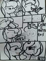 Size: 712x958 | Tagged: safe, artist:patterndream, imported from derpibooru, princess celestia, princess luna, cartoon, coke, mentos, mentos and diet coke, monochrome, soda