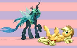 Size: 6000x3800 | Tagged: safe, artist:hashioaryut, artist:siagia, imported from derpibooru, applejack, queen chrysalis, changeling, changeling queen, earth pony, pony, bedroom eyes, duo, female, lying down, mare, on back, raised hoof, spread legs, underhoof, wingboner