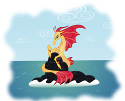 Size: 1600x1294 | Tagged: dead source, safe, artist:owlisun, imported from derpibooru, sunset shimmer, siren, cutie mark, deviantart watermark, female, not fiery shimmer, obtrusive watermark, simple background, sirenified, solo, species swap, stone, sunset siren, transparent background, water, watermark